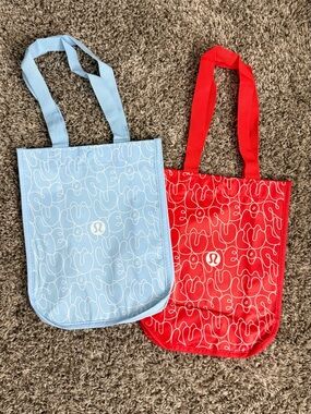 2 Lululemon Reusable Shopping Bag Small Tote Everyday Carryall Blue Red